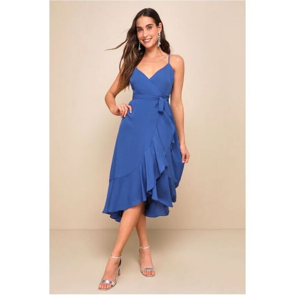 Lulu’s Manhattan Moment Blue Ruffled Midi Wrap Dress in Royal Blue Size Large - Picture 10 of 10
